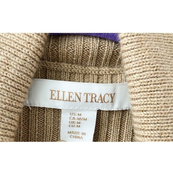 Ellen Tracy Cardigan Sweater M Long Length Tan Wool Blend Pockets Wide V Neck - Picture 16 of 16